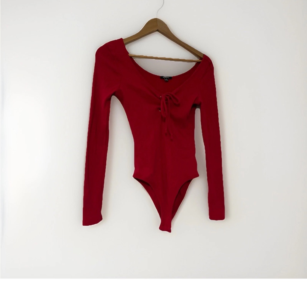 Ambiance Red Bodysuit Long Sleeve Tie Front Women’s Small